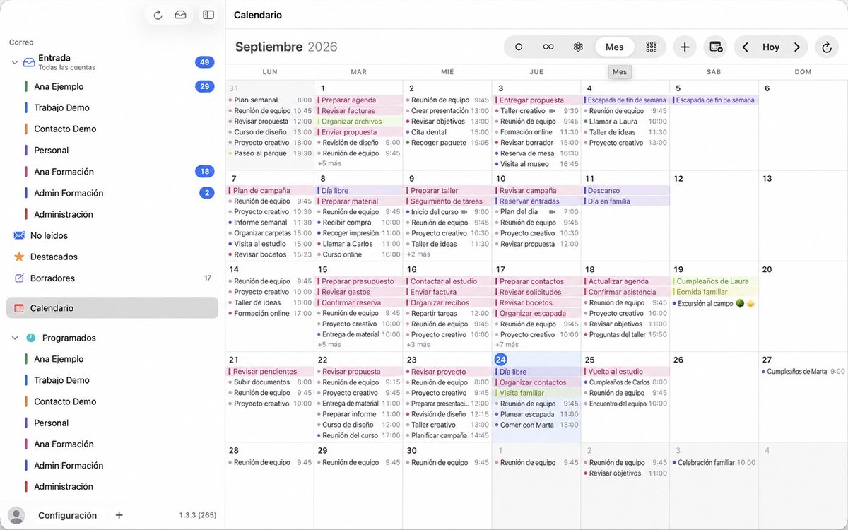 CoyoteMail sur Mac : le calendrier du mois avec les événements de plusieurs comptes.