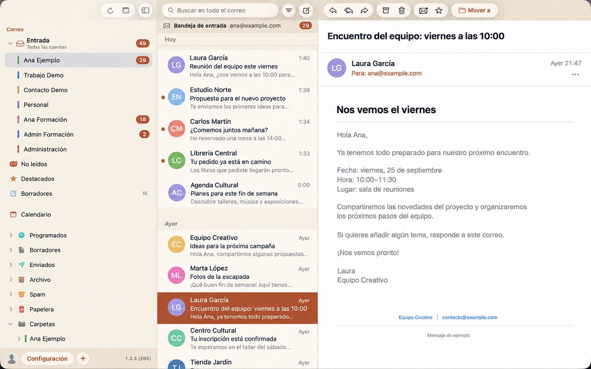 CoyoteMail sur Mac : la boîte de réception de tous les comptes, avec la liste des messages et un e-mail ouvert.