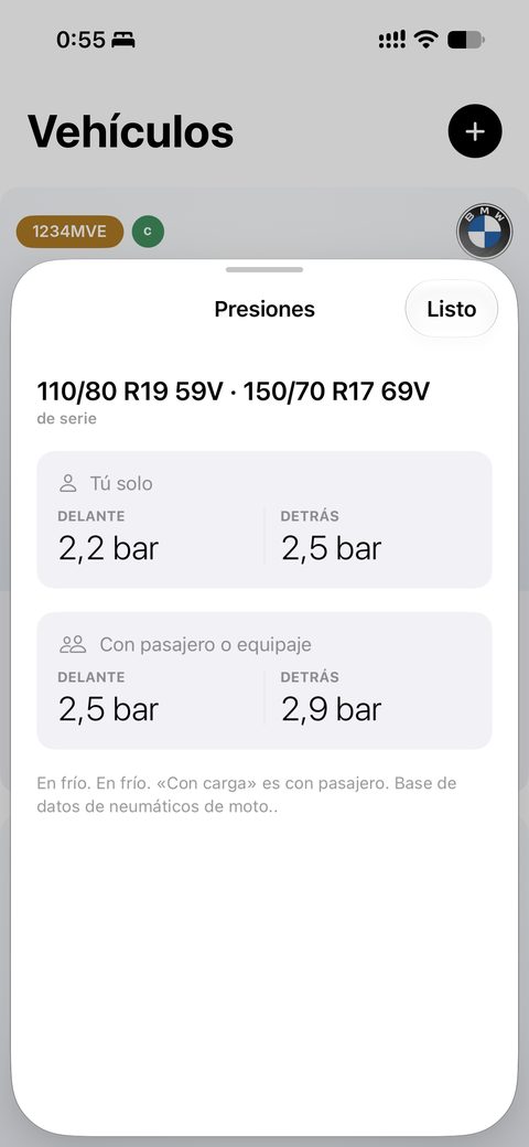 App de Move: presiones de los neumáticos delante y detrás, solo y con pasajero.