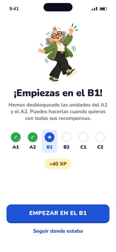 App de Parlumi: resultado del test de nivel, que empieza en el B1 con el A1 y el A2 superados.