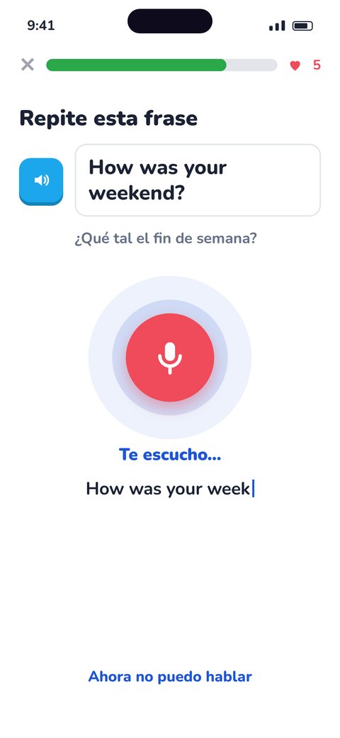 App de Parlumi: ejercicio de pronunciación con el micrófono escuchando «How was your weekend?».