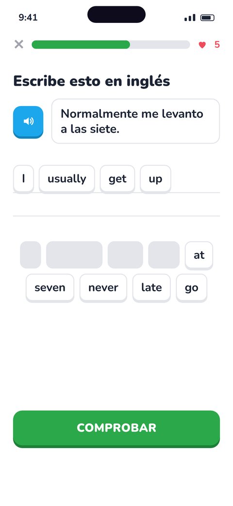 App de Parlumi: ejercicio para escribir en inglés «Normalmente me levanto a las siete» ordenando fichas.